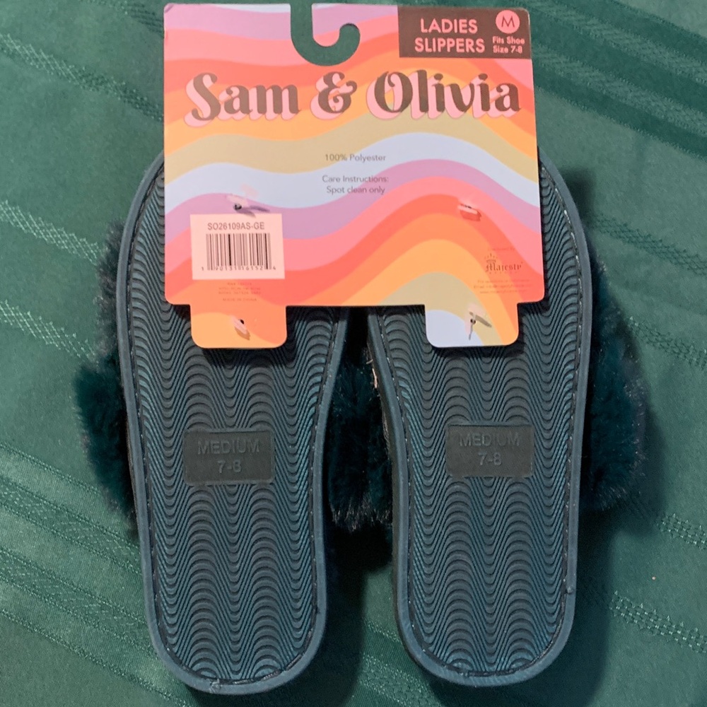 Sam & Olivia Plush Fuzzy Slide Slippers - Teal Green - Picture 4 of 8